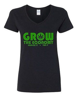 V-Neck Ladies Grow The Economy Legalize It Weeds Pot Smoke Funny T-Shirt Tee