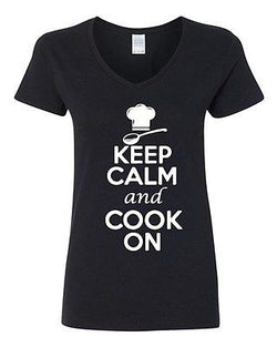 V-Neck Ladies Keep Calm And Cook On Chef Cooking Food Buffet Funny T-Shirt Tee