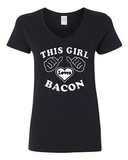 V-Neck Ladies This Girl Loves Bacon Food Breakfast Exercise Funny T-Shirt Tee