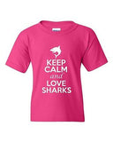 Keep Calm And Love Sharks Fish Novelty Statement Youth Kids T-Shirt Tee