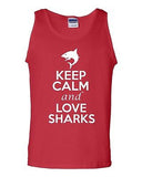 Keep Calm And Love Sharks Fish Humor Novelty Statement Graphics Adult Tank Top