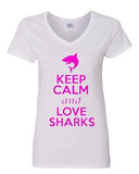 V-Neck Ladies Keep Calm And Love Shark Fish Ocean Sea Funny T-Shirt Tee
