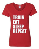 V-Neck Ladies Train Eat Sleep Repeat Workout Exercise Gym Funny T-Shirt Tee