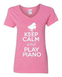 V-Neck Ladies Keep Calm And Play Piano Keyboard Pianist Music Lover T-Shirt Tee