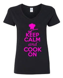 V-Neck Ladies Keep Calm And Cook On Chef Cooking Food Buffet Funny T-Shirt Tee