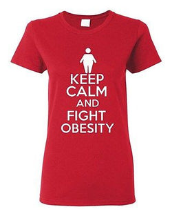 Ladies Keep Calm And Fight Obesity Workout Gym Exercise Funny Humor T-Shirt Tee