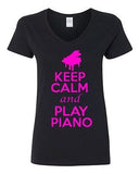 V-Neck Ladies Keep Calm And Play Piano Keyboard Pianist Music Lover T-Shirt Tee