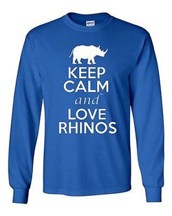 Long Sleeve Adult T-Shirt Keep Calm And Love Rhinos Rhinoceros Animals Lover