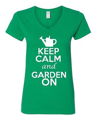V-Neck Ladies Keep Calm And Garden On Gardening Flower Plants Funny T-Shirt Tee