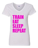 V-Neck Ladies Train Eat Sleep Repeat Workout Exercise Gym Funny T-Shirt Tee