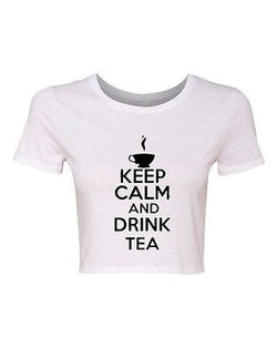 Crop Top Ladies Keep Calm And Drink Tea Beverages Hot Cold Funny T-Shirt Tee
