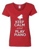 V-Neck Ladies Keep Calm And Play Piano Keyboard Pianist Music Lover T-Shirt Tee