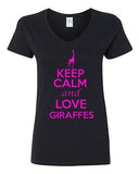 V-Neck Ladies Keep Calm and Love Giraffes Animal Lover Jungle Funny T-Shirt Tee