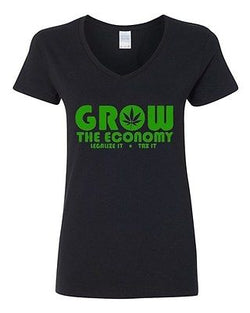 V-Neck Ladies Grow The Economy Legalize It Weeds Pot Smoke Funny T-Shirt Tee