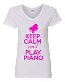 V-Neck Ladies Keep Calm And Play Piano Keyboard Pianist Music Lover T-Shirt Tee