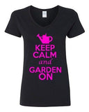 V-Neck Ladies Keep Calm And Garden On Gardening Flower Plants Funny T-Shirt Tee