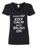 V-Neck Ladies Keep Calm And Brush On Toothbrush Dentist Funny T-Shirt Tee