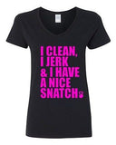 V-Neck Ladies I Clean I Jerk & I Have a Nice Snatch Kettlebell Gym T-Shirt Tee