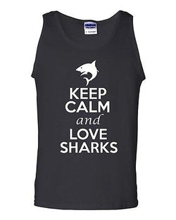 Keep Calm And Love Sharks Fish Humor Novelty Statement Graphics Adult Tank Top