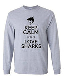 Long Sleeve Adult T-Shirt Keep Calm and Love Sharks Great White Shark Fish Ocean