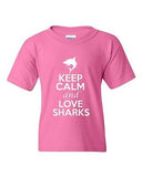 Keep Calm And Love Sharks Fish Novelty Statement Youth Kids T-Shirt Tee