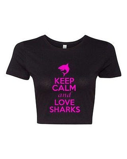 Crop Top Ladies Keep Calm And Love Sharks Fish Ocean Funny Humor T-Shirt Tee