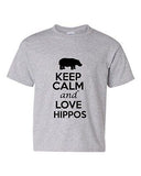 Keep Calm And Love Hippos Animals Novelty Statement Youth Kids T-Shirt Tee