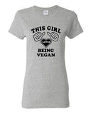 Ladies This Girl Loves Being A Vegan Vegetarian Vegetables Lover T-Shirt Tee