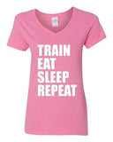 V-Neck Ladies Train Eat Sleep Repeat Workout Exercise Gym Funny T-Shirt Tee