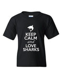 Keep Calm And Love Sharks Fish Novelty Statement Youth Kids T-Shirt Tee