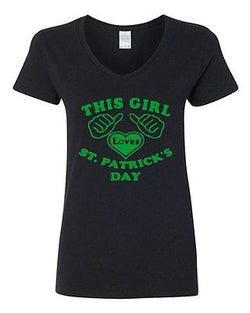 V-Neck Ladies This Girl Loves St. Patrick's Day Beer Shamrock Funny T-Shirt Tee