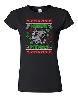 Junior Merry Pitmas Dog Pitbull Dog Animals Ugly Christmas Funny DT T-Shirt Tee