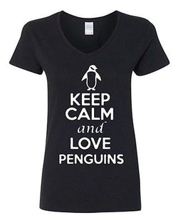 V-Neck Ladies Keep Calm And Love Penguins Cute Bird Animal Lover T-Shirt Tee