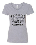 V-Neck Ladies This Girl Beat Cancer Motivate Fight Survivor T-Shirt Tee