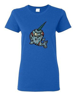 Ladies Zombie Narwhal Undead Horn Fish Monster Animals Horror DT T-Shirt Tee
