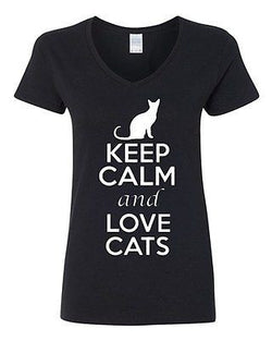 V-Neck Ladies Keep Calm And Love Cats Kitten Pet Lover Animals Funny T-Shirt Tee