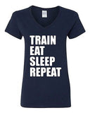 V-Neck Ladies Train Eat Sleep Repeat Workout Exercise Gym Funny T-Shirt Tee