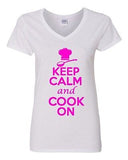 V-Neck Ladies Keep Calm And Cook On Chef Cooking Food Buffet Funny T-Shirt Tee