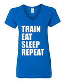 V-Neck Ladies Train Eat Sleep Repeat Workout Exercise Gym Funny T-Shirt Tee