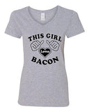 V-Neck Ladies This Girl Loves Bacon Food Breakfast Exercise Funny T-Shirt Tee