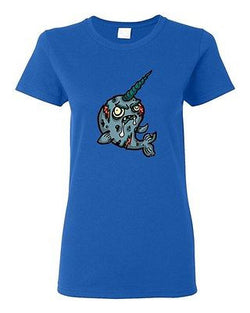 Ladies Zombie Narwhal Undead Horn Fish Monster Animals Horror DT T-Shirt Tee