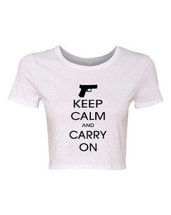 Crop Top Ladies Keep Calm And Carry On Gun Pistol Rifle Funny Humor T-Shirt Tee