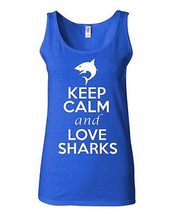 Junior Keep Calm And Love Sharks Fish Ocean Sea Novelty Statement Tank Top