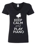 V-Neck Ladies Keep Calm And Play Piano Keyboard Pianist Music Lover T-Shirt Tee