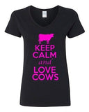 V-Neck Ladies Keep Calm And Love Cows Milk Farm Animal Lover T-Shirt Tee