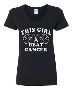 V-Neck Ladies This Girl Beat Cancer Motivate Fight Survivor T-Shirt Tee