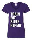 V-Neck Ladies Train Eat Sleep Repeat Workout Exercise Gym Funny T-Shirt Tee