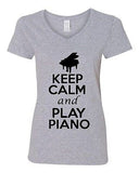 V-Neck Ladies Keep Calm And Play Piano Keyboard Pianist Music Lover T-Shirt Tee