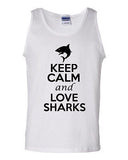 Keep Calm And Love Sharks Fish Humor Novelty Statement Graphics Adult Tank Top