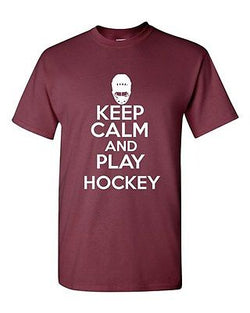 Keep Calm And Play Hockey Sports Novelty Statement Graphics Adult T-Shirt Tee